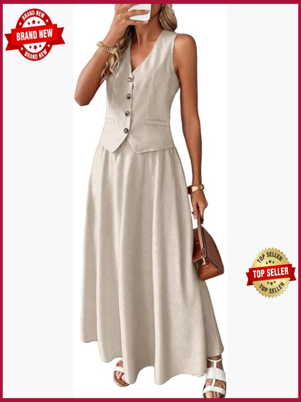 2 Piece Linen Set - V-Neck Vest & Maxi Skirt Summer Outfit